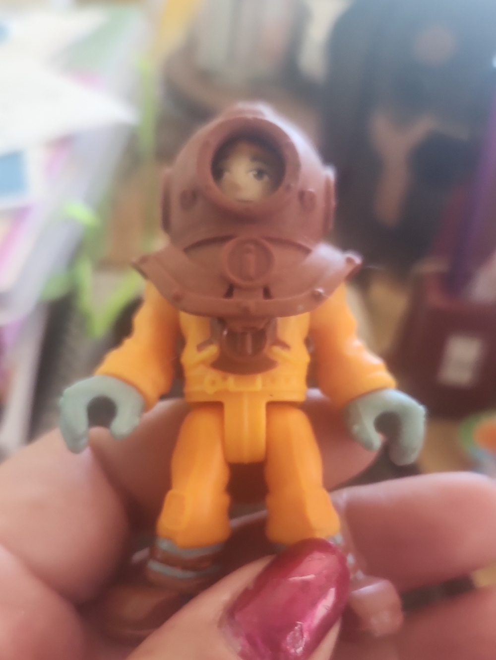 Fisher-Price Orange Deep Sea Diver Figure with Brown Helmet and Gray Gloves